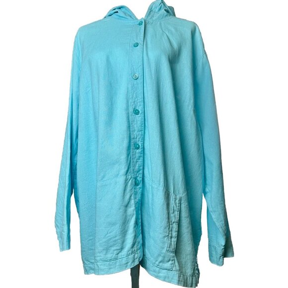 CJ Banks Button Up Hoodie Women's 3X Aqua Blue Linen Blnd Beachy Coastal 3/4 Slv - Picture 5 of 16